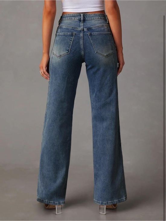 Jokelamb Women’s Wide Leg Mid High Waisted Baggy Straight Leg Stretchy Jeans - Picture 3 of 5